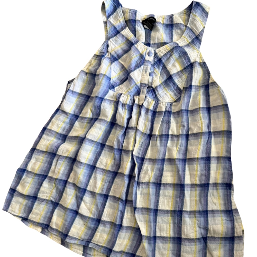 Moda International Blue, White & Yellow Plaid Button-Down Top